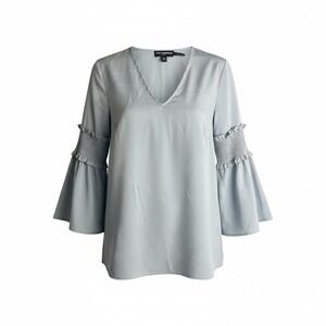 Karl Lagerfeld Paris Light Blue Smocked Bell Sleeve V‎ Neck Blouse Top Women XS